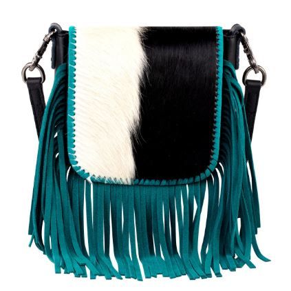 RLC-L161 BK/TQ Montana West Genuine Leather Hair-On Collection Fringe Crossbody