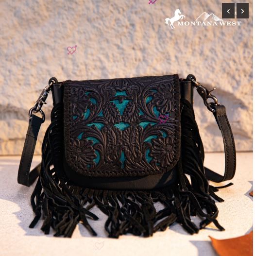 RLC-L188 BK Montana West Genuine Leather Tooled Fringe Crossbody