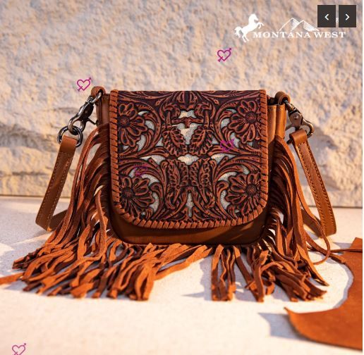 RLC-L188 BR Montana West Genuine Leather Tooled Fringe Crossbody