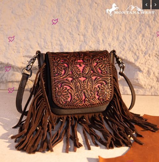 RLC-L188 CF Montana West Genuine Leather Tooled Fringe Crossbody