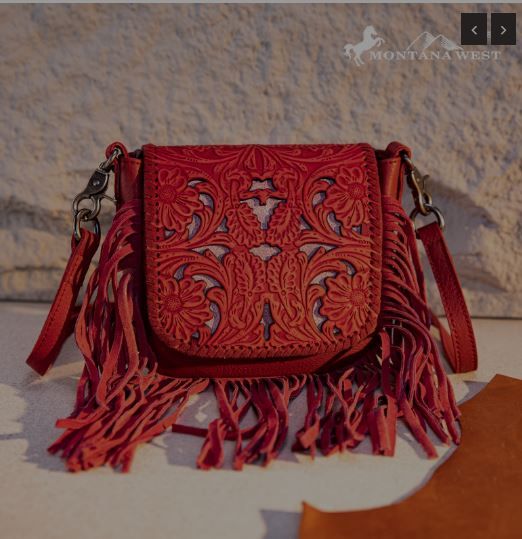 RLC-L188 RD Montana West Genuine Leather Tooled Fringe Crossbody