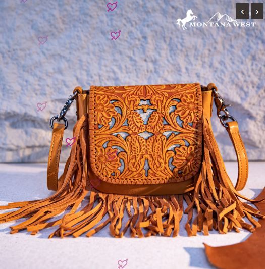 RLC-L188 YL Montana West Genuine Leather Tooled Fringe Crossbody