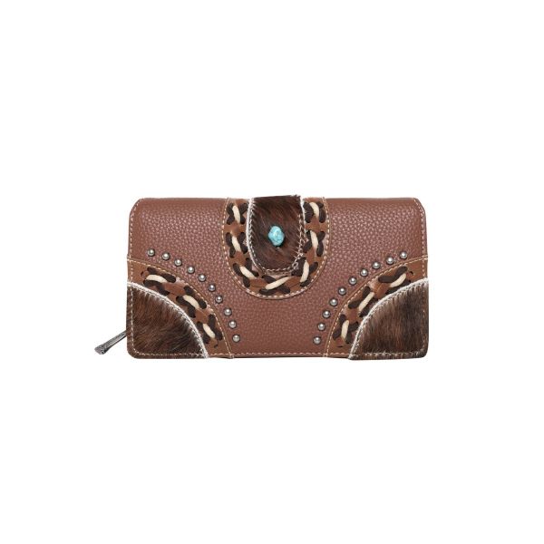 TR122-W010BR  Trinity Ranch Hair-On Studded Collection Secretary Style Wallet