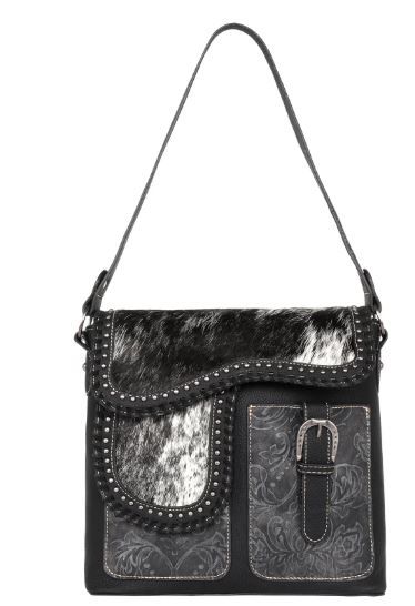 TR149G-918 BK Trinity Ranch Hair-On Cowhide Saddle Shape Collection Concealed Carry Hobo