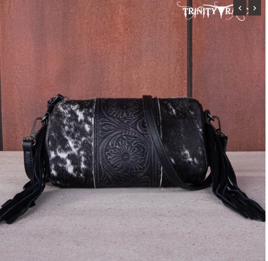 TR159-154 BK Trinity Ranch Genuine Hair-On Cowhide/Fringe Collection Barrel Crossbody