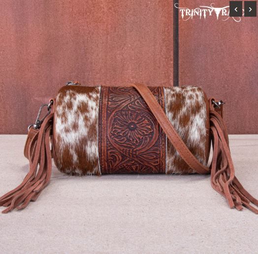 TR159-154 BR Trinity Ranch Genuine Hair-On Cowhide/Fringe Collection Barrel Crossbody