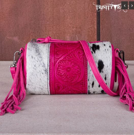 TR159-154 HPK Trinity Ranch Genuine Hair-On Cowhide/Fringe Collection Barrel Crossbody