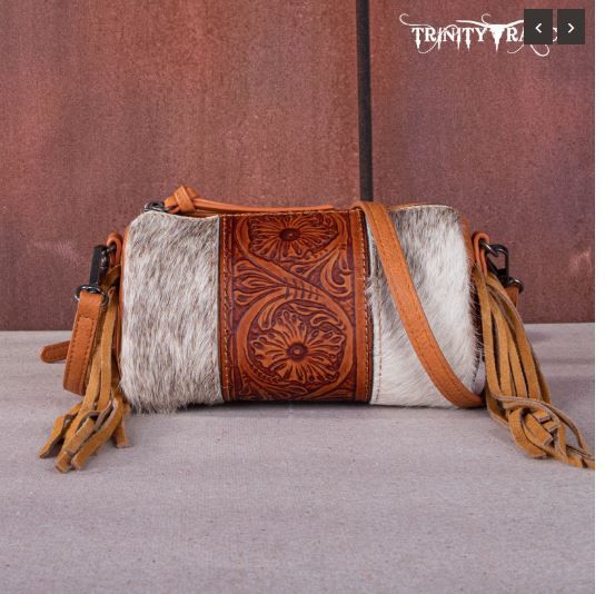 TR159-154 LBR Trinity Ranch Genuine Hair-On Cowhide/Fringe Collection Barrel Crossbody