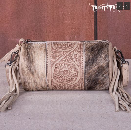 TR159-154 TN Trinity Ranch Genuine Hair-On Cowhide/Fringe Collection Barrel Crossbody