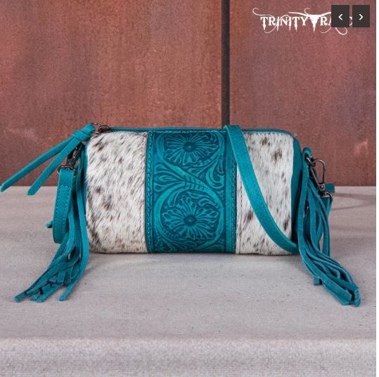 TR159-154 TQ Trinity Ranch Genuine Hair-On Cowhide/Fringe Collection Barrel Crossbody