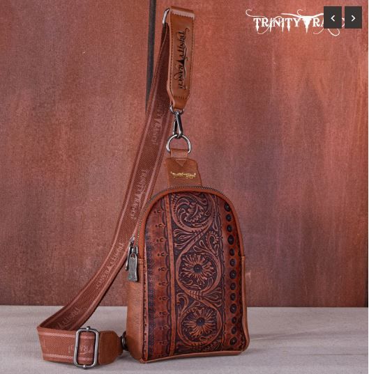 TR159-210A BR Trinity Ranch Floral Tooled Collection Sling Bag