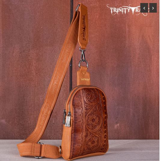 TR159-210A LBR Trinity Ranch Floral Tooled Collection Sling Bag