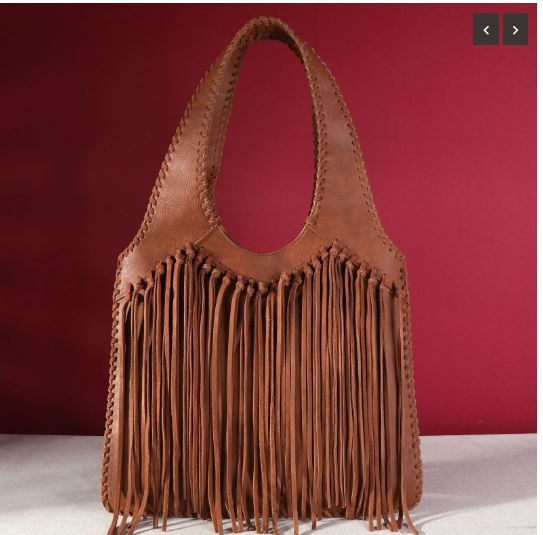 TR161G-918 BR Trinity Ranch Hand-Tie fringe Concealed Carry Hobo Shoulder Bag