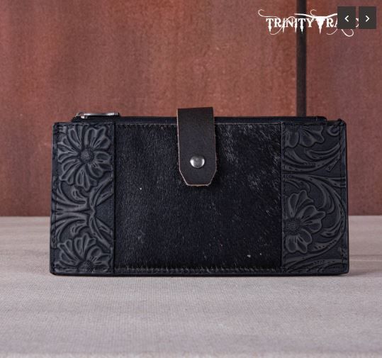 TR164-W044 BK  Trinity Ranch Genuine Hair-On Cowhide Tooled Bi-Fold Wallet/Card Organizer