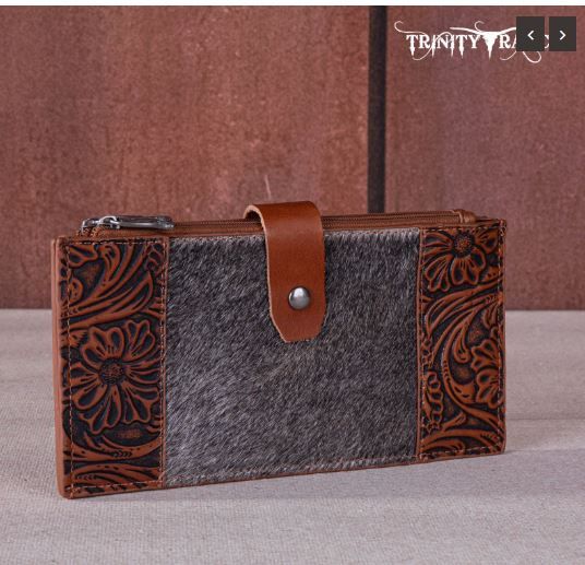 TR164-W044 BR  Trinity Ranch Genuine Hair-On Cowhide Tooled Bi-Fold Wallet/Card Organizer