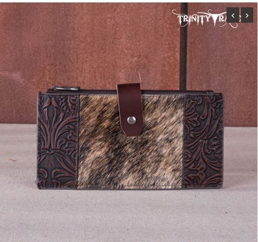 TR164-W044 CF  Trinity Ranch Genuine Hair-On Cowhide Tooled Bi-Fold Wallet/Card Organizer