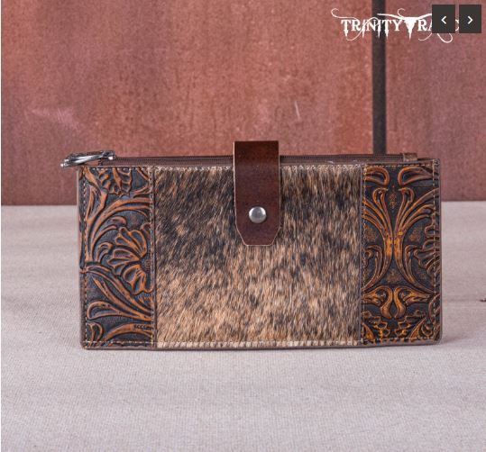 TR164-W044 OAK  Trinity Ranch Genuine Hair-On Cowhide Tooled Bi-Fold Wallet/Card Organizer