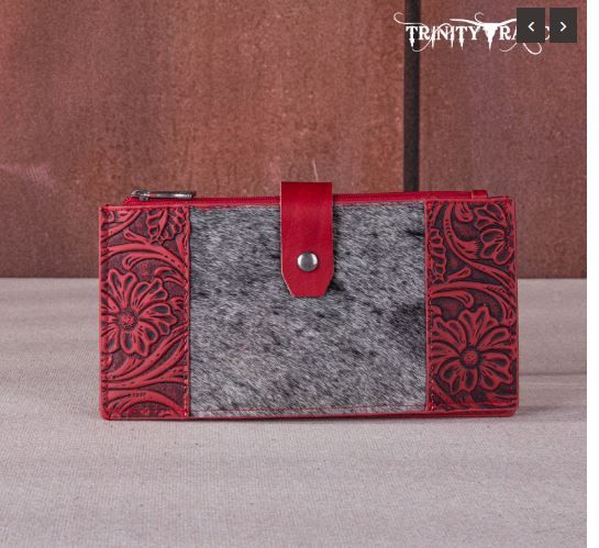 TR164-W044 RD  Trinity Ranch Genuine Hair-On Cowhide Tooled Bi-Fold Wallet/Card Organizer