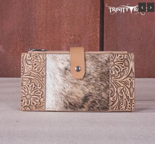 TR164-W044 TN  Trinity Ranch Genuine Hair-On Cowhide Tooled Bi-Fold Wallet/Card Organizer