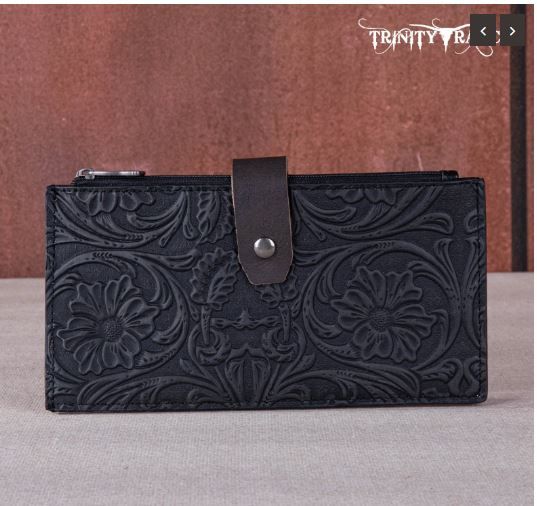 TR164-W047 BK Trinity Ranch Floral Tooled Bi-Fold Wallet/Card Organizer