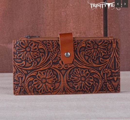 TR164-W047 BR Trinity Ranch Floral Tooled Bi-Fold Wallet/Card Organizer