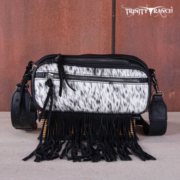 TR165-197 BK Trinity Ranch Genuine Hair-On Cowhide Triple Zippered Pocket Fringe Belt Bag