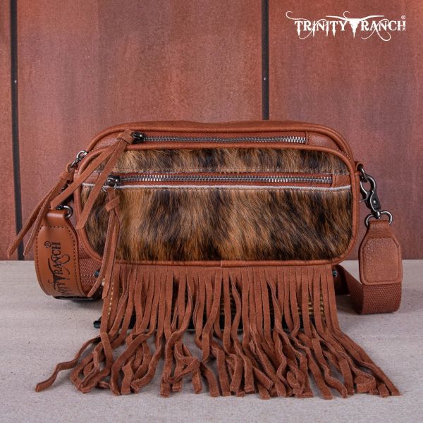 TR165-197 BR Trinity Ranch Genuine Hair-On Cowhide Triple Zippered Pocket Fringe Belt Bag