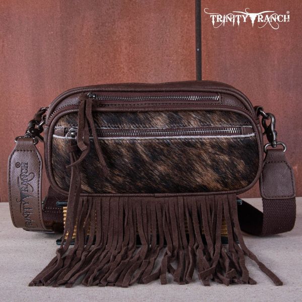 TR165-197 CF Trinity Ranch Genuine Hair-On Cowhide Triple Zippered Pocket Fringe Belt Bag