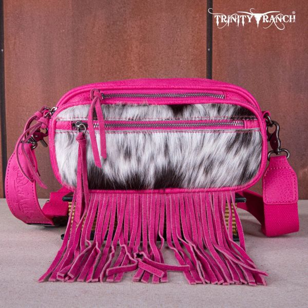 TR165-197 HPK Trinity Ranch Genuine Hair-On Cowhide Triple Zippered Pocket Fringe Belt Bag