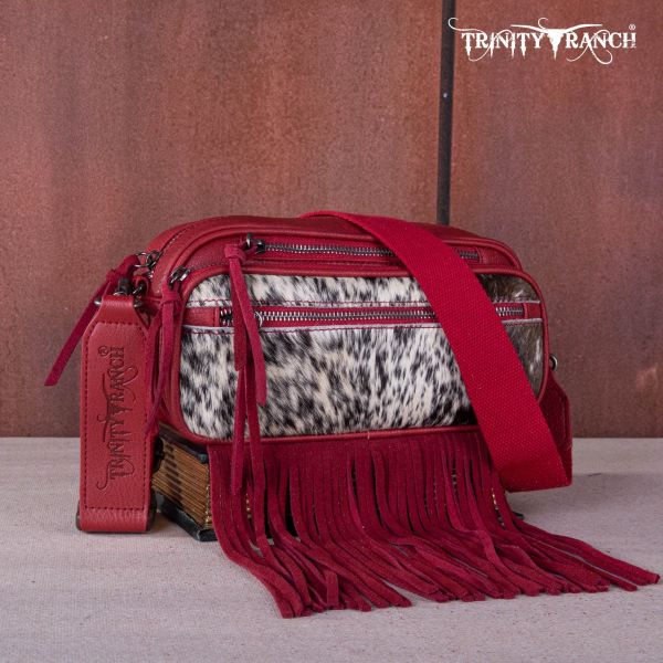 TR165-197 RD Trinity Ranch Genuine Hair-On Cowhide Triple Zippered Pocket Fringe Belt Bag