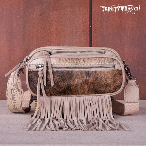 TR165-197 TN Trinity Ranch Genuine Hair-On Cowhide Triple Zippered Pocket Fringe Belt Bag