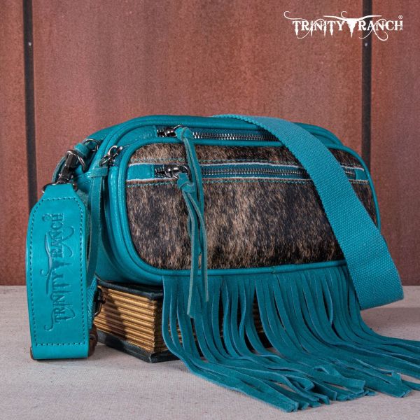 TR165-197 TQ Trinity Ranch Genuine Hair-On Cowhide Triple Zippered Pocket Fringe Belt Bag