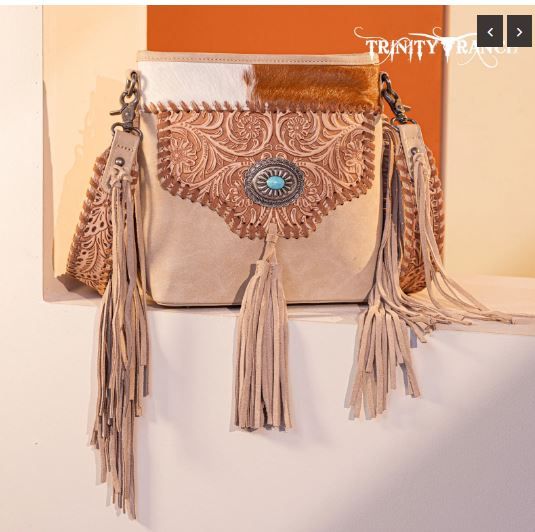 TR177G-9360 TN Trinity Ranch Hair-On Cowhide Floral Tooled Concealed Carry Crossbody Bag