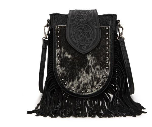 TR180-8360 BK Trinity Ranch Genuine Hair-On Cowhide Tooled Fringe Crossbody Bag