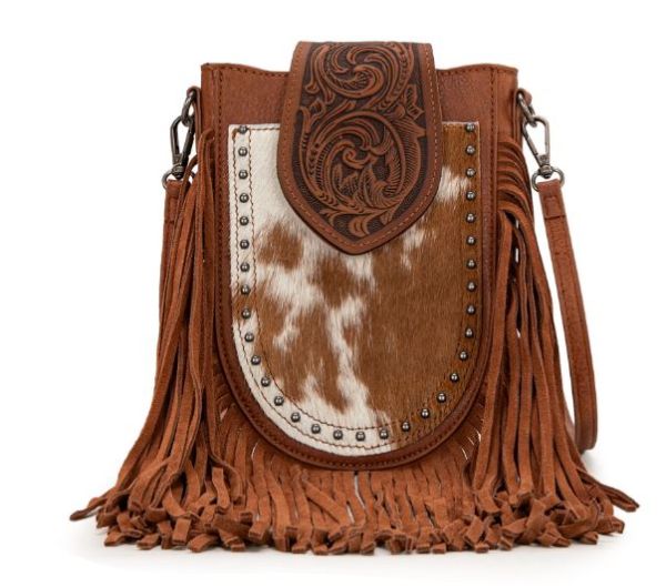 TR180-8360 BR Trinity Ranch Genuine Hair-On Cowhide Tooled Fringe Crossbody Bag