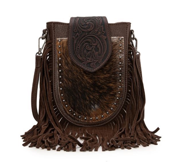 TR180-8360 CF Trinity Ranch Genuine Hair-On Cowhide Tooled Fringe Crossbody Bag