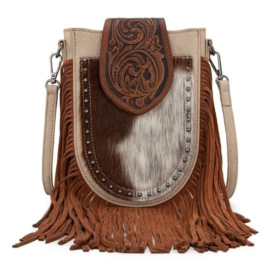 TR180-8360 TN Trinity Ranch Genuine Hair-On Cowhide Tooled Fringe Crossbody Bag