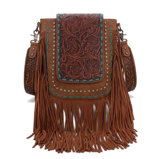 TR181G-9360 BR Trinity Ranch Floral Tooled Concealed Carry Crossbody Bag