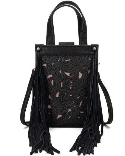 TR188-160 BK Trinity Ranch Floral Tooled Fringe Mini Tote/Crossbody