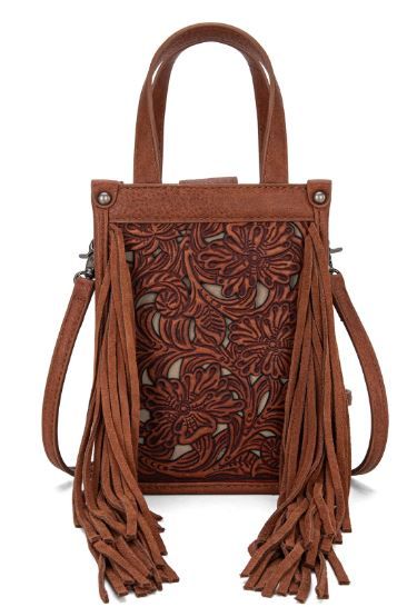 TR188-160 BR Trinity Ranch Floral Tooled Fringe Mini Tote/Crossbody