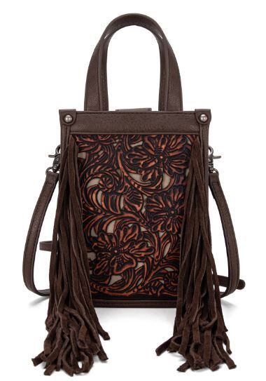 TR188-160 CF Trinity Ranch Floral Tooled Fringe Mini Tote/Crossbody