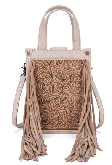 TR188-160 KH Trinity Ranch Floral Tooled Fringe Mini Tote/Crossbody