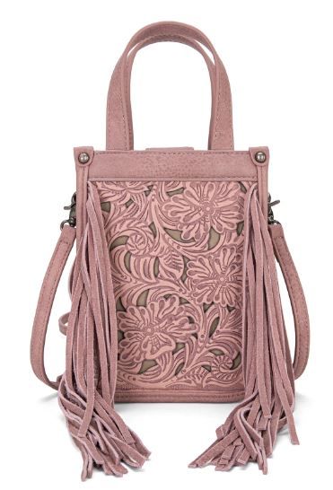 TR188-160 PK Trinity Ranch Floral Tooled Fringe Mini Tote/Crossbody