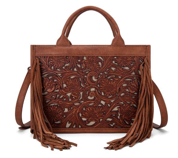 TR188-2003 BR Trinity Ranch Floral Tooled Fringe Concealed Carry Tote