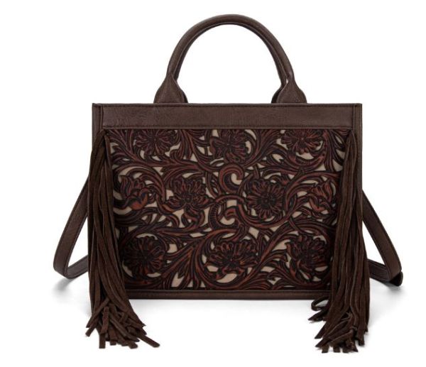 TR188-2003 CF Trinity Ranch Floral Tooled Fringe Concealed Carry Tote