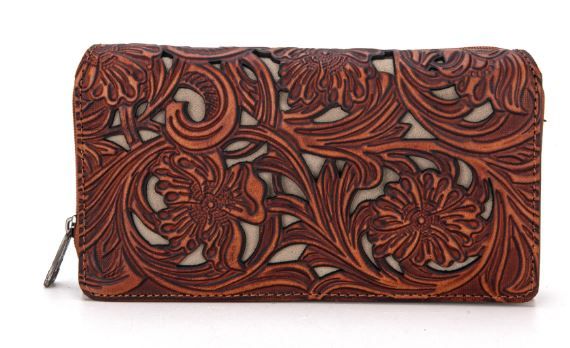 TR188-W010 BR Trinity Ranch Floral Tooled Collection Wallet