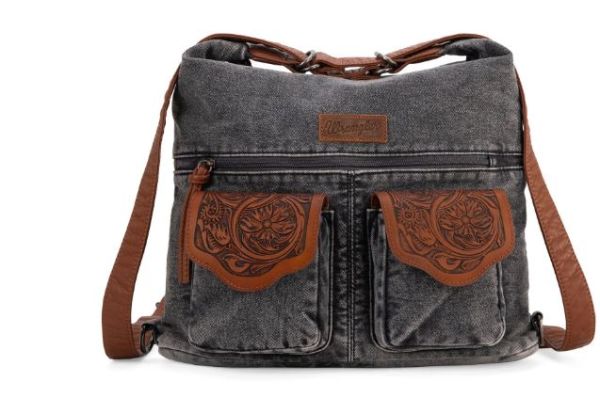 WG103-2008 BK  Wrangler Floral Tooled Denim Hobo/Crossbody Backpack