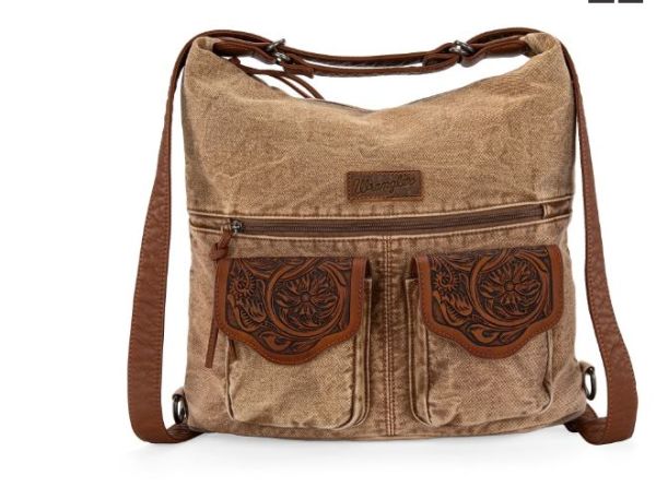 WG103-2008 BR  Wrangler Floral Tooled Denim Hobo/Crossbody Backpack