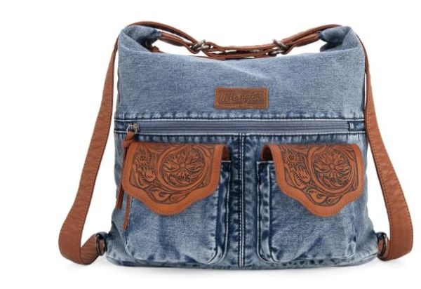 WG103-2008 JN  Wrangler Floral Tooled Denim Hobo/Crossbody Backpack