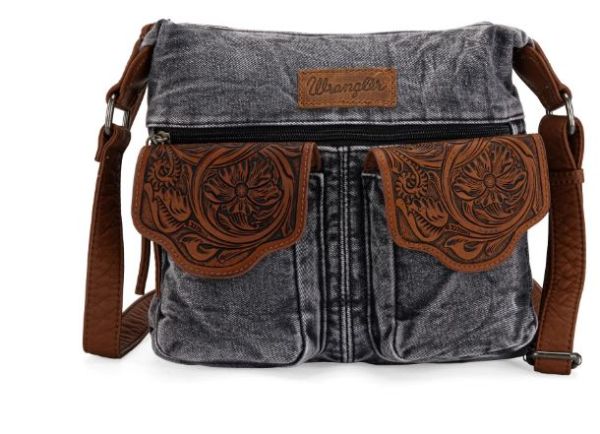 WG103-2009 BK Wrangler Floral Tooled Denim Crossbody